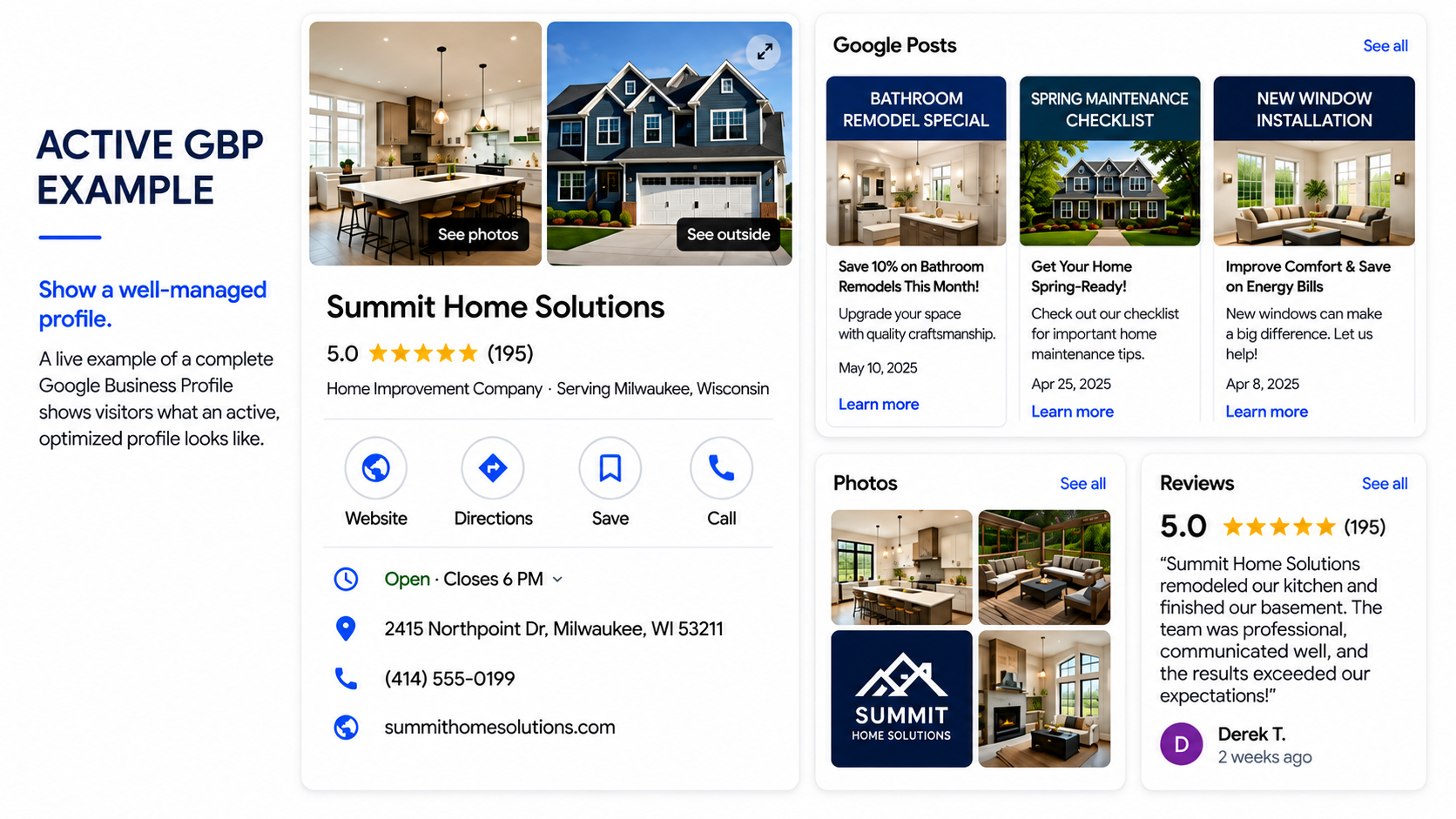 Illustrative Google Business Profile example featuring business photos, Google Posts, reviews and contact details