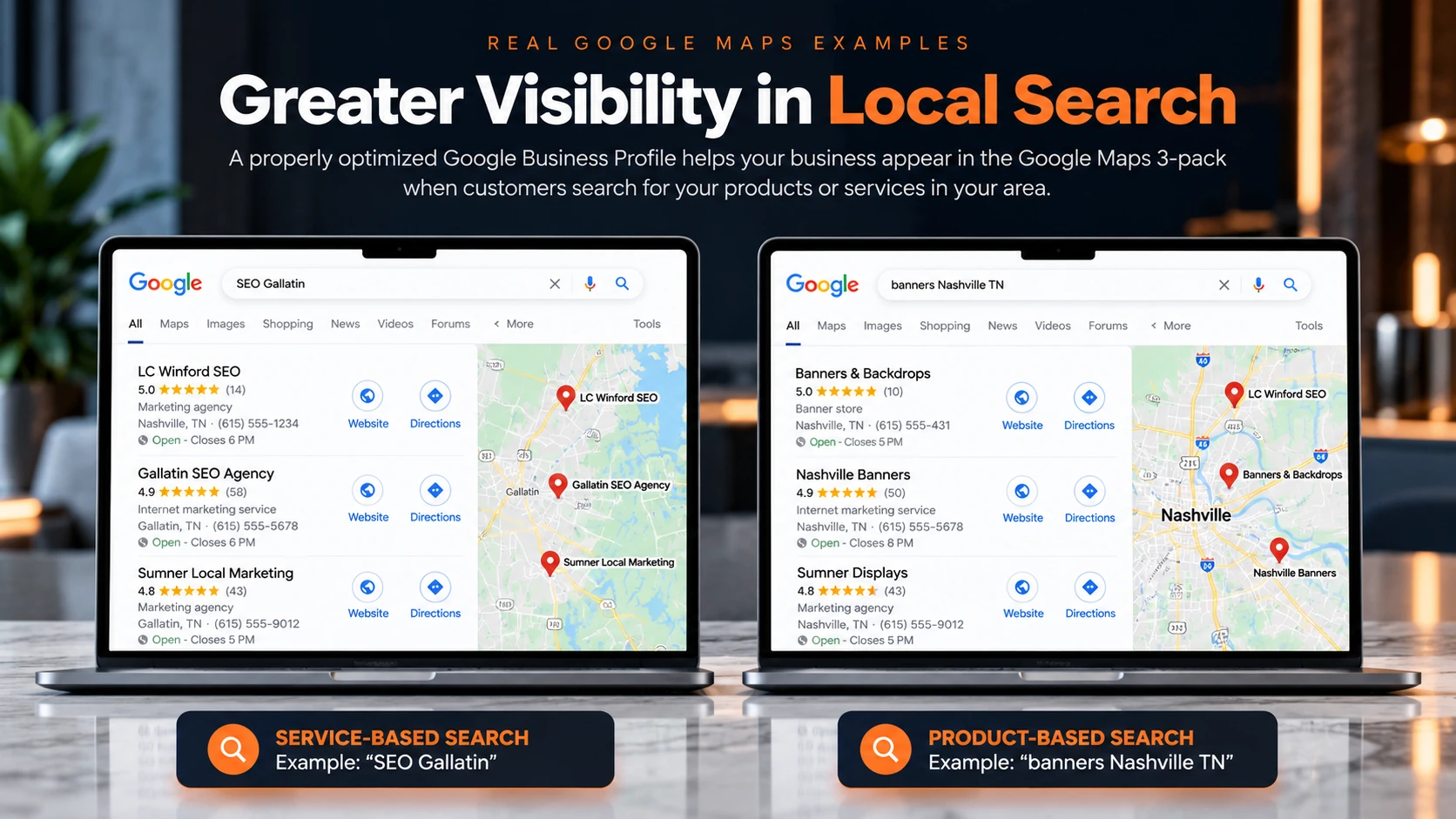 Two modern laptop mockups illustrating Google Maps search listings for SEO services in Gallatin and banners in Nashville