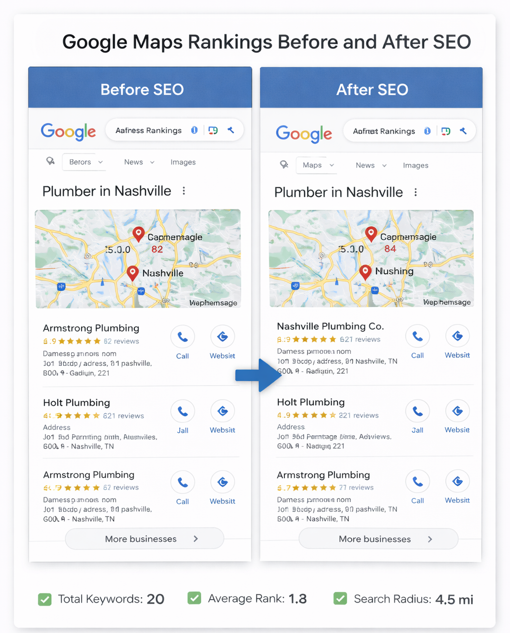 Before and after Google Maps ranking illustration displayed on the original LC Winford Local SEO page